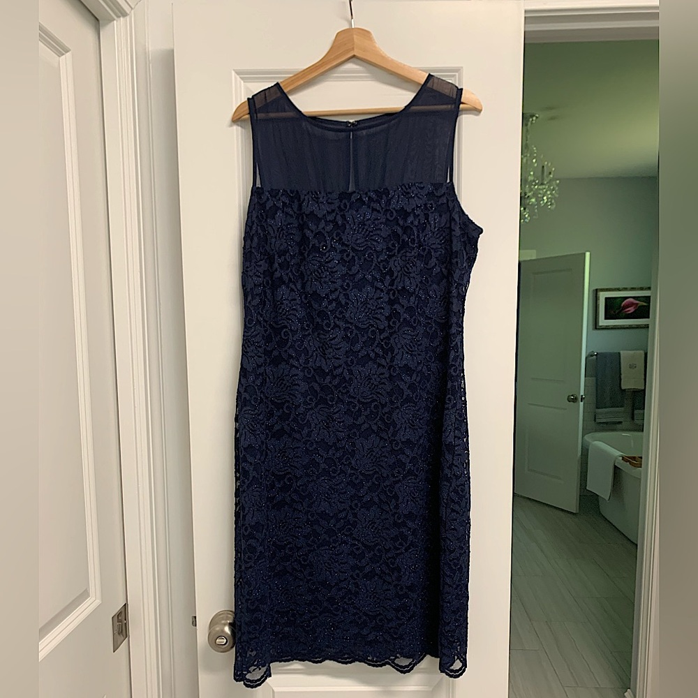 Marina  Navy Blue sparkly lace dress with sheer neck and added jacket size 16